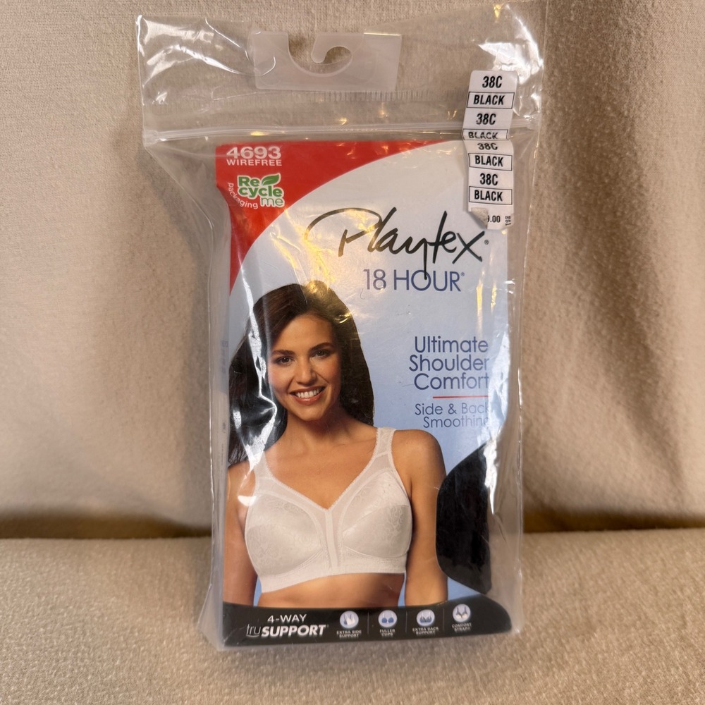 New Playtex 18 Hr Ultimate Shoulder Comfort Wirefree Bra 4693 Black 38C Tagless